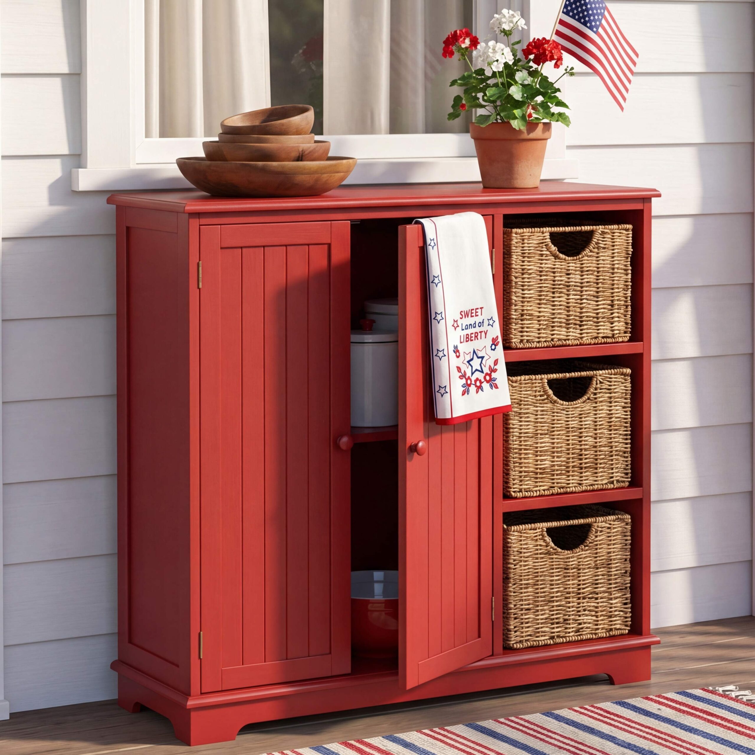Beadboard-Wooden-Cabinet-with-3-Storage-Shelves-and-Cupboard-1